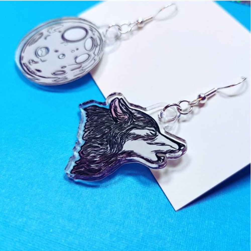 Wolf and Full Moon Acrylic Earrings - Picture 2 of 3